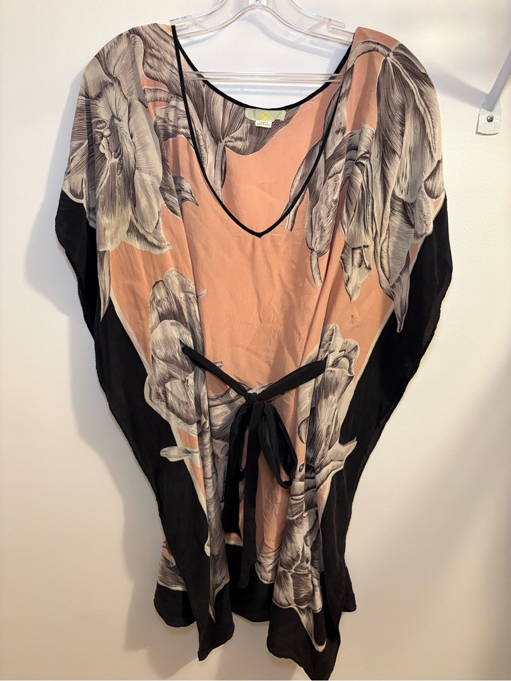 Anthropologie Silk Floral Kaftan Top Black Pink Tulip L